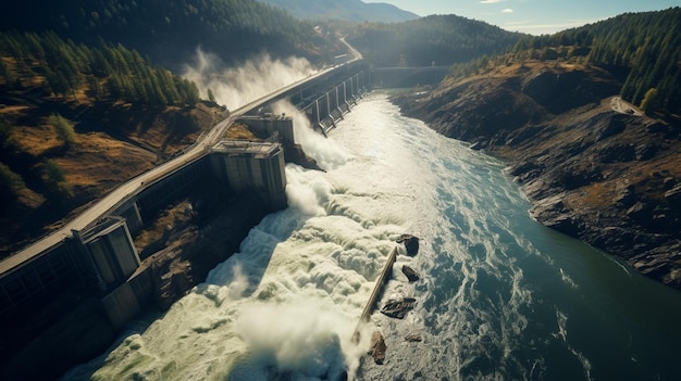 vue de dessus de la rivière et du platine avec une centrale hydroélectrique