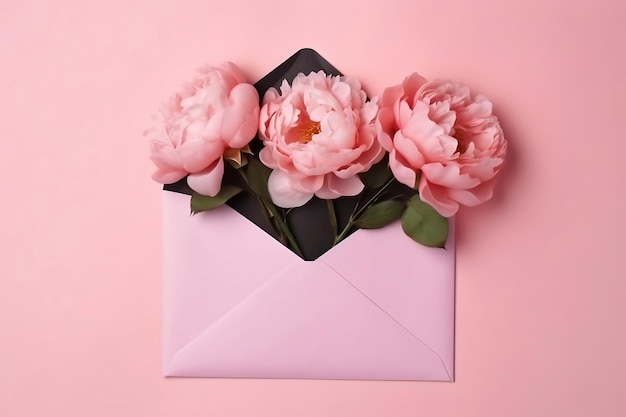 Vue de dessus romantique d'une enveloppe rose ouverte avec des roses et une feuille de papier Un beau design