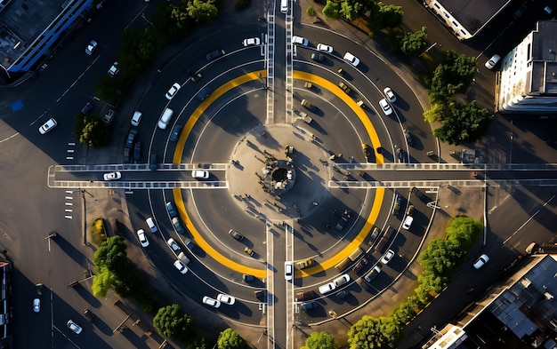 vue de dessus d'un rond-point au milieu d'une ville animée vue aérienne centrée symétrique