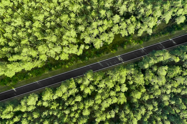 Vue de dessus d'une route d'autoroute au milieu de la forêt