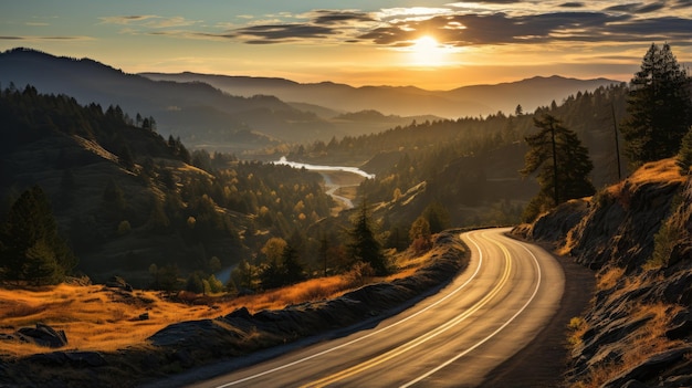 Vue de dessus de la route de montagne en forêt au coucher du soleil