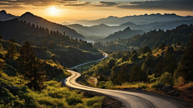 Vue de dessus de la route de montagne en forêt au lever du soleil