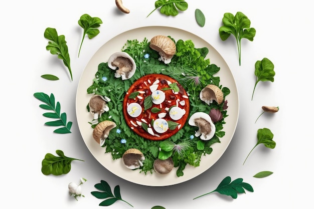 Vue de dessus d'une salade chauffée aux champignons et roquette