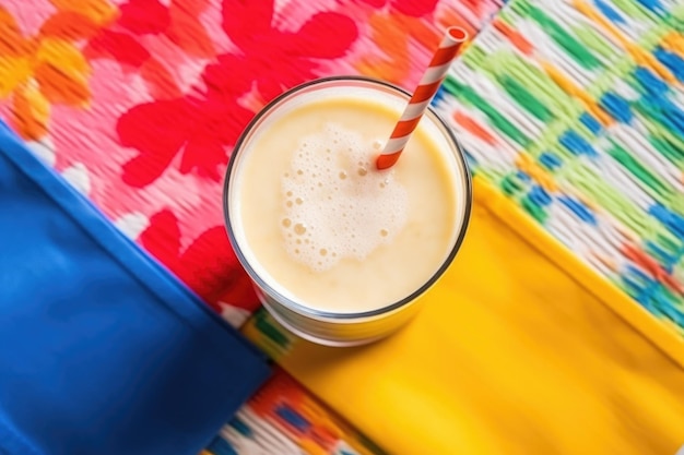 Vue de dessus d'un shake à la vanille avec une paille et une serviette colorées