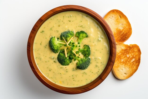 Vue De Dessus Soupe Vegan Au Brocoli Cheddar Sur Un Fond Blanc Boardon En Bois