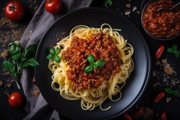 Vue de dessus de spaghetti bolognaise avec une généreuse portion de sauce à la viande saupoudrée d'herbes fraîches