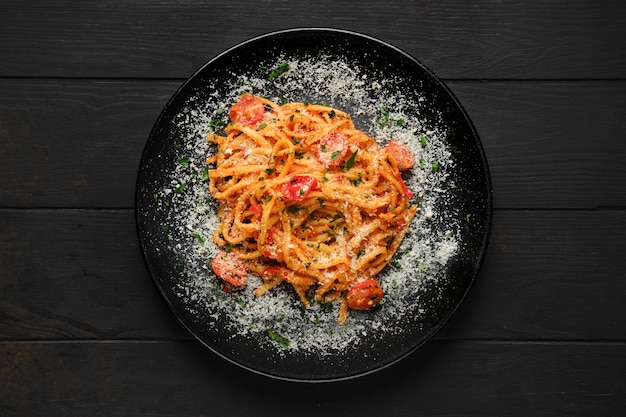 Vue de dessus des spaghettis à la tomate cerise et parmesan râpé sur une assiette