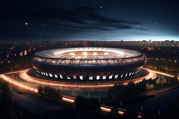 Photo vue de dessus d'un stade de football la nuit avec les lumières sur le rendu 3d