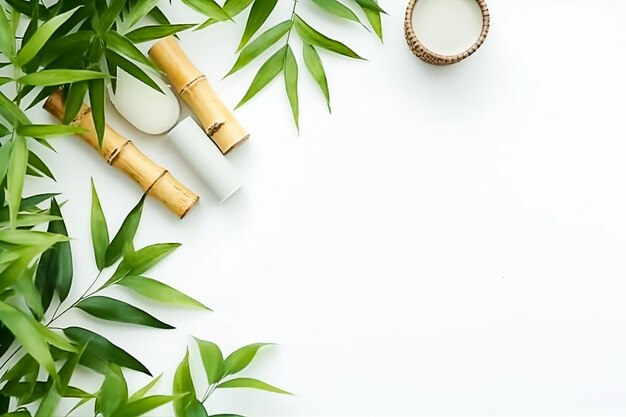 Vue de dessus d'une table en bois blanche avec des produits cosmétiques et un espace de copie de feuilles de bambou Ai généré