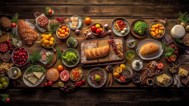 Vue de dessus sur une table en bois pleine de nourriture et d'ingrédients