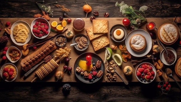 Vue de dessus sur une table en bois pleine de nourriture et d'ingrédients