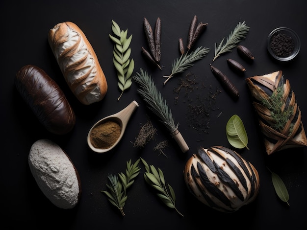 Vue de dessus de table de délicieux pain sur fond noir ai génératif