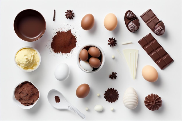 Vue de dessus de table de table de cuisine avec dessert au chocolat et fournitures d'oeufs de pâques