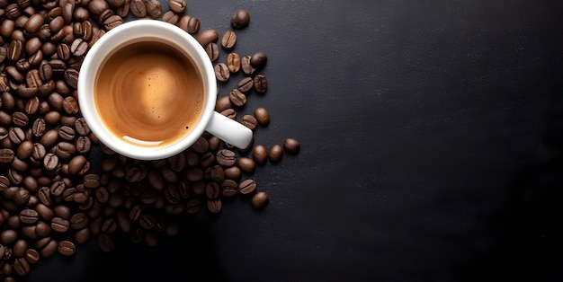 Vue de dessus de table de tasse de café et de graines de café