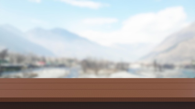 vue de dessus de table vide en bois texturé avec arrière-plan flou