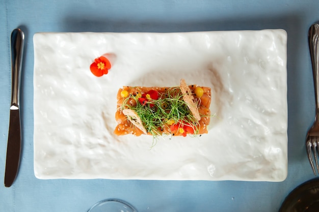 Vue de dessus sur le tartare de saumon espagnol sur l'oreiller d'avocat sur une plaque blanche