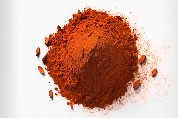 Vue de dessus d'un tas de poudre de paprika rouge sur fond blanc