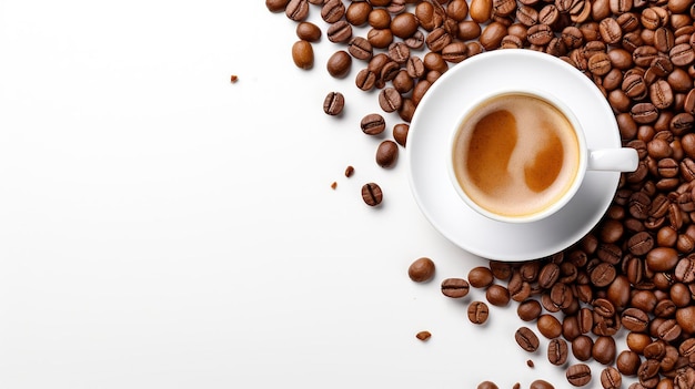 Vue de dessus d'une tasse contenant du café et des grains de café à côté avec un fond blanc