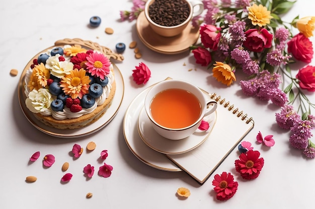 Vue de dessus tasse de thé avec des fleurs et bloc-notes sur fond blanc gâteau aux biscuits aux fruits et aux baies