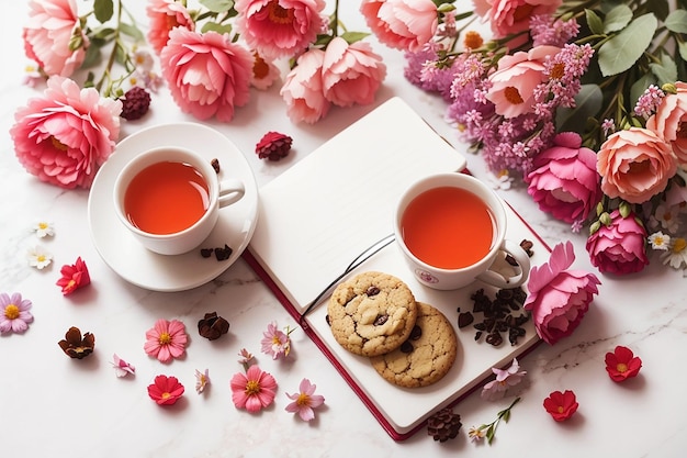 Vue de dessus tasse de thé avec des fleurs et bloc-notes sur fond blanc gâteau aux biscuits aux fruits et aux baies