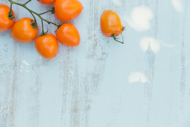 Vue de dessus des tomates jaunes sur un bleu clair