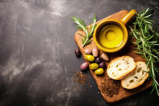 Vue de dessus des tranches de pain, olives au romarin et huile d'olive sur une planche à découper avec fond en béton a