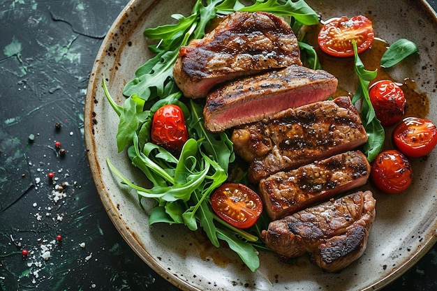 Vue de dessus tranches de viande cuite avec légumes verts et tomates cerises à l'intérieur de l'assiette dans l'obscurité