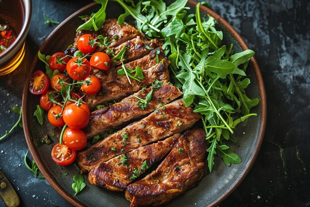 Vue de dessus tranches de viande cuite avec légumes verts et tomates cerises à l'intérieur de l'assiette dans l'obscurité