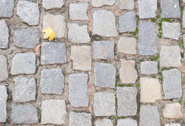 Vue de dessus de la vieille chaussée grise ou route pavée de granit avec des feuilles d'automne. Sol pavé de briques anciennes ou rue de carreaux de granit avec de grosses pierres