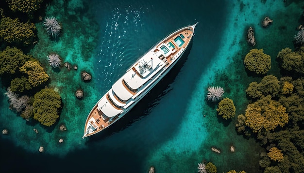 Vue de dessus sur un yacht de luxe dans l'eau de l'océan turquoise paradisiaque Generative AI