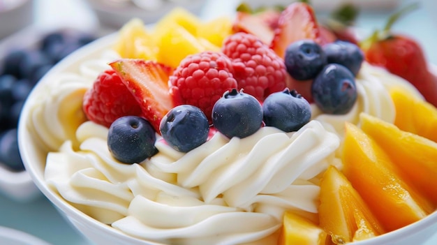 Une vue détaillée d'un bol rempli d'une variété de fruits frais placés sur une table en bois