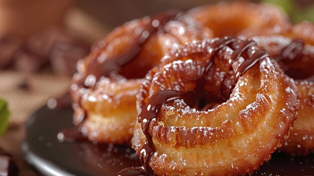 Vue détaillée d'un churro espagnol recouvert de sucre et servi avec de la sauce au chocolat