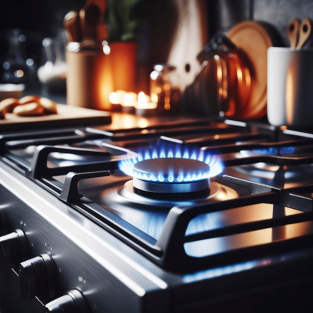 Vue détaillée de la cuisinière à gaz avec la flamme bleue allumée pendant la cuisson à l'intérieur de la cuisine