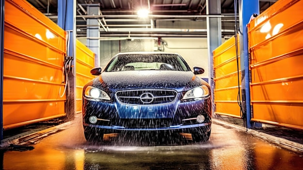 Vue détaillée sur l'eau de mousse de lavage de voiture Lavage de voiture automatique en action Generative Ai