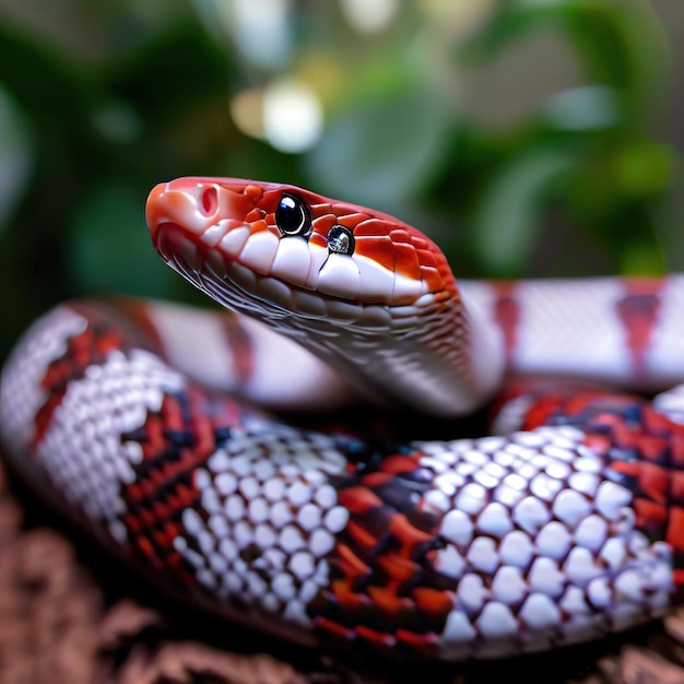 Une vue détaillée des écailles et des couleurs captivantes d'un serpent de lait rouge