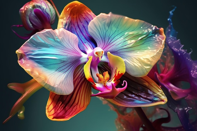 une vue détaillée d'une fleur aux couleurs vives superposée sur un fond sombre