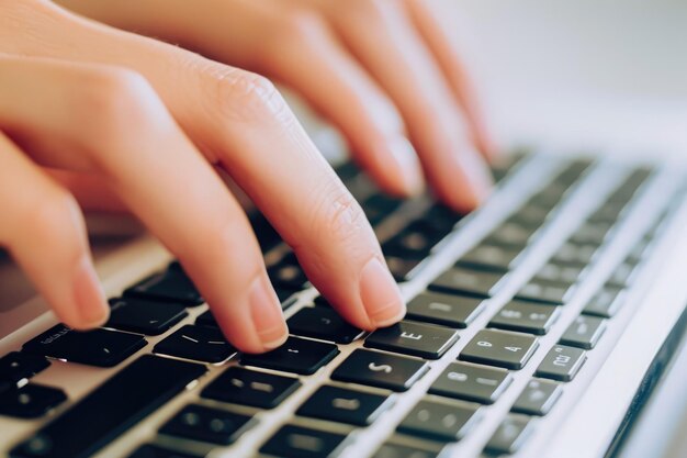 Photo une vue détaillée des mains d'une personne en train de taper sur un clavier d'ordinateur portable en se concentrant sur l'action de taper une image rapprochée des mains en train de typer sur un keyboard d' ordinateur portable générée par l'ia