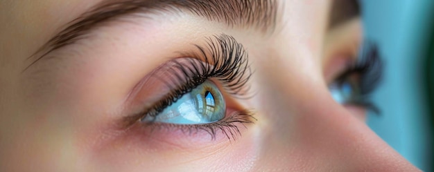 Une vue détaillée d'un œil de femme avec des extensions de cils montrant de longs cils volumineux dans un salon de beauté