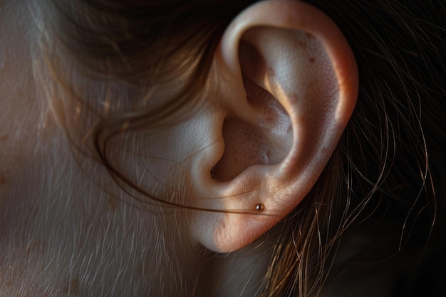 Une vue détaillée de l'oreille d'une personne avec une paire de piercings d'oreille complexes et élégants
