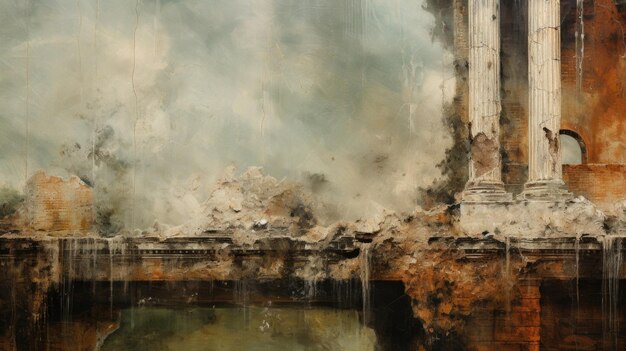 Une vue détaillée d'une peinture en ruine dont les couleurs sont floues et rayées par le contact avec l'eau.