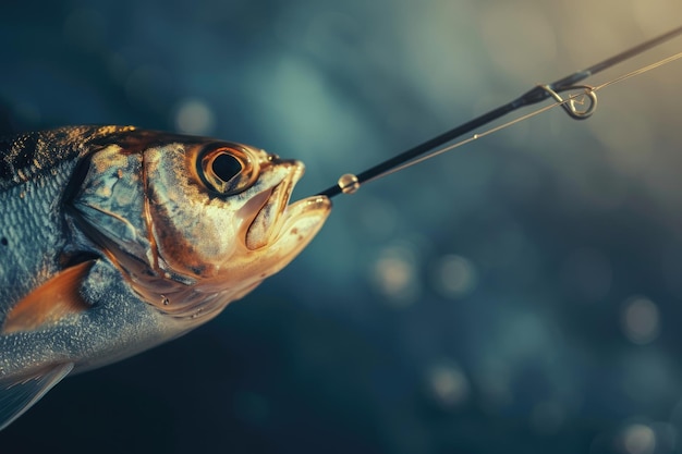 Une vue détaillée d'un poisson alors qu'il est accroché à un crochet de pêche Perspective rapprochée d' un poisson luttant à l'extrémité d'une ligne de pêche