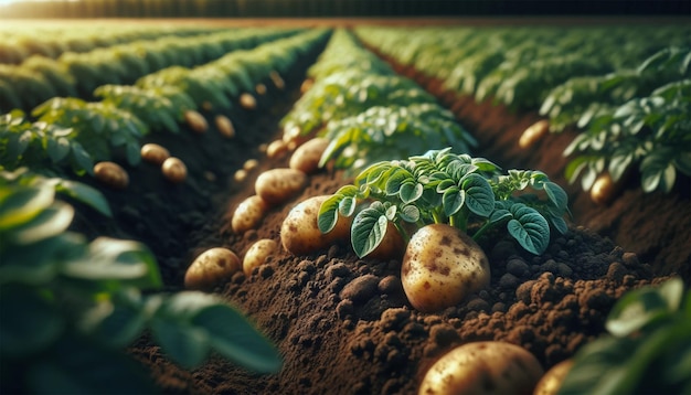 Vue détaillée de près d'une ferme de pommes de terre montrant des rangées de plantes de pomme de terre poussant dans de riches