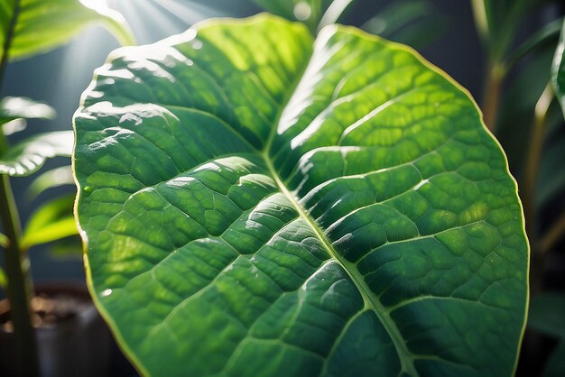 Photo vue détaillée des problèmes de ravageurs visibles sur les grandes feuilles tachetées et perforées d'une plante exotique en pot dans la jungle intérieure.