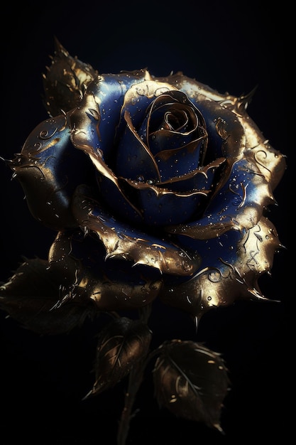une vue détaillée d'une rose en bleu et or