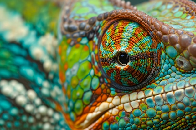 Une vue détaillée d'un visage vibrant de caméléon montrant ses motifs et ses teintes complexes Détail de la peau d'un caméléon de près Généré par l'IA