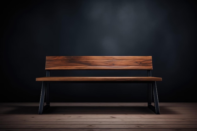 Vue de devant sur un banc en bois brun avec des jambes en métal noir