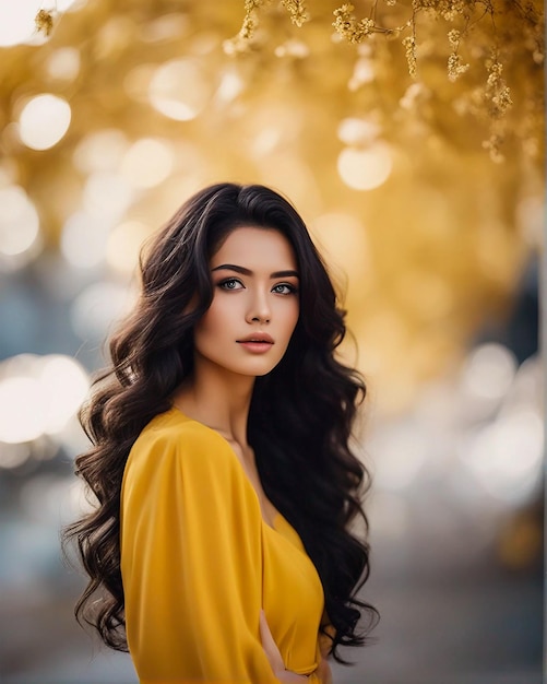 Vue de devant belle femme jaune robe photo de profil régulation élevée