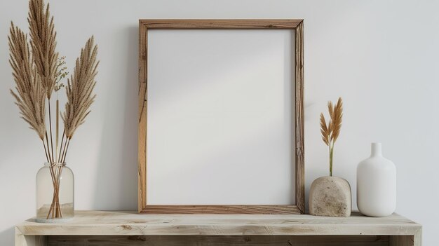 Vue de devant d'un cadre en bois carré avec une maquette d'affiche sur un mur blanc IA générative