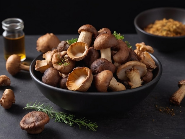 Vue de devant champignons frits avec des assaisonnements sur table sombre repas dîner nourriture ai