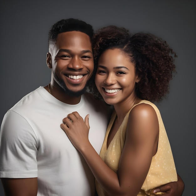 Photo vue de devant un couple noir souriant posant ensemble s'amusant